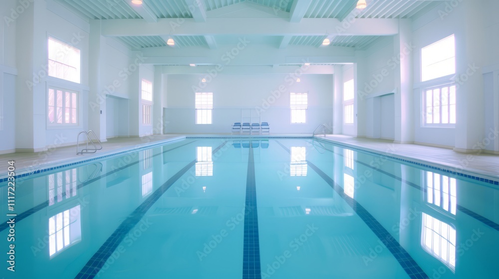 Fototapeta premium Spacious Indoor Swimming Pool with Clear Blue Water and Bright Ambient Light for Relaxing and Leisure Activities in a Modern Facility Setting