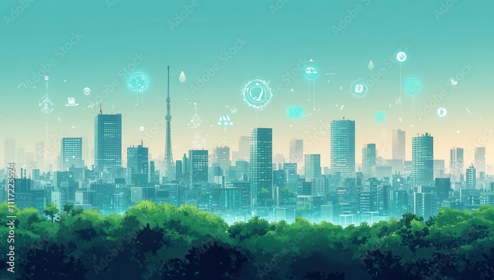 Fototapeta premium Futuristic Cityscape with Technology Elements and Greenery Overlay Showcasing Urban Life and Digital Integration in a Modern Environment