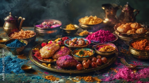 Vibrant Holi Festival Food Indian Sweets Spices Colors