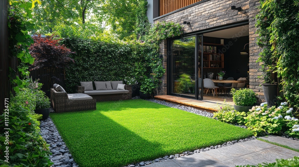 Naklejka premium Modern backyard patio with artificial turf, grey sofa, and lush green plants.