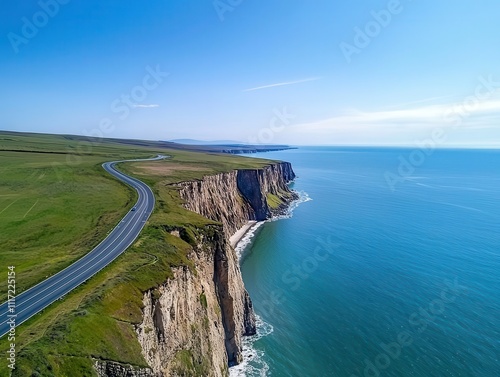 Aerial view of a coastal highway with cliffs dropping off into the ocean below, Cliffside coastal highway, Dramatic, scenic, breathtaking