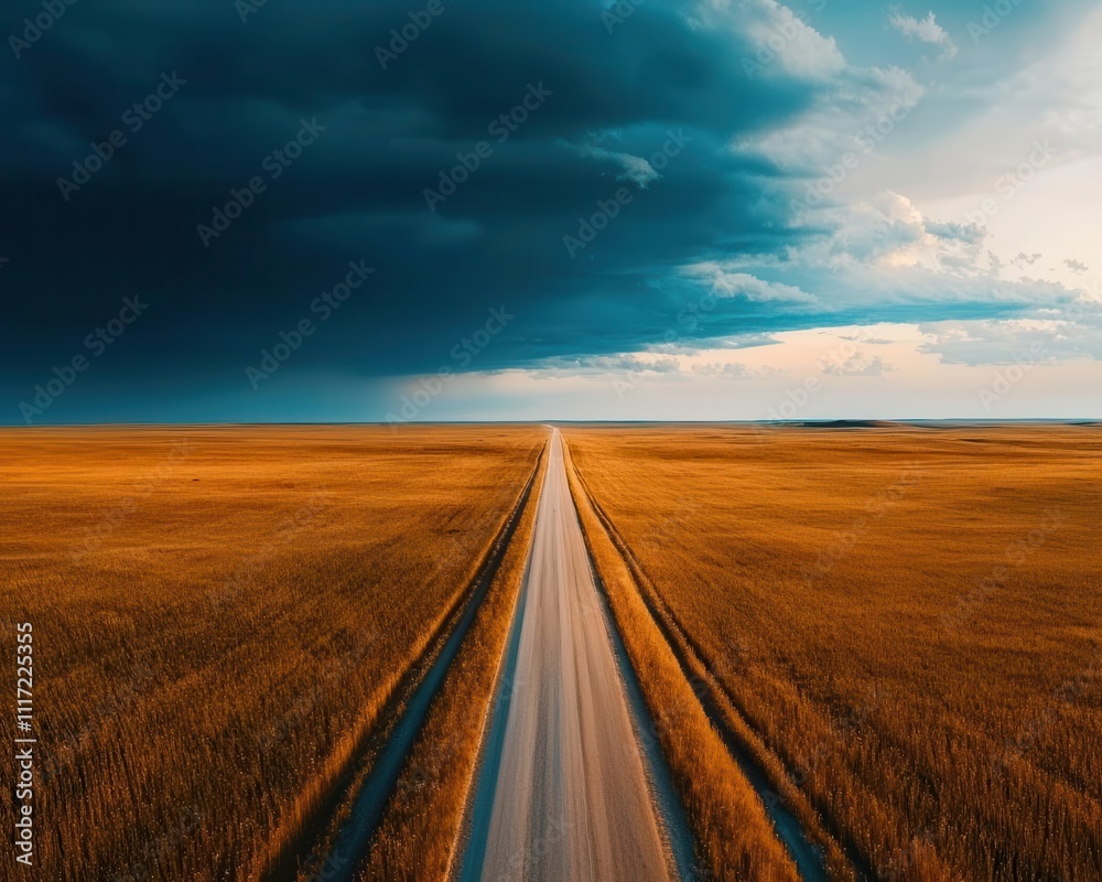 Naklejka premium Long, straight road through a flat prairie landscape under a dramatic cloudy sky, Prairie road, Vast, scenic, peaceful
