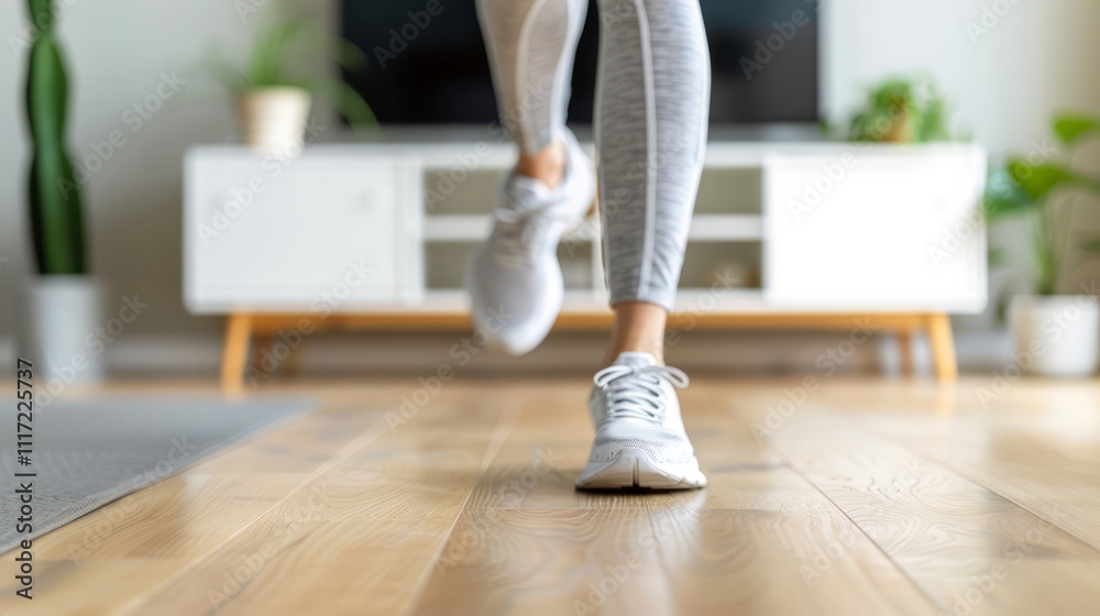 Woman in Athletic Wear Exercising at Home with Bright Living Room Decor in the Background and Natural Light Streaming Through the Windows Woman in Athletic Wear Exercising at Home with Bright Living Room Decor in the Background and Natural Light Streaming Through the Windows