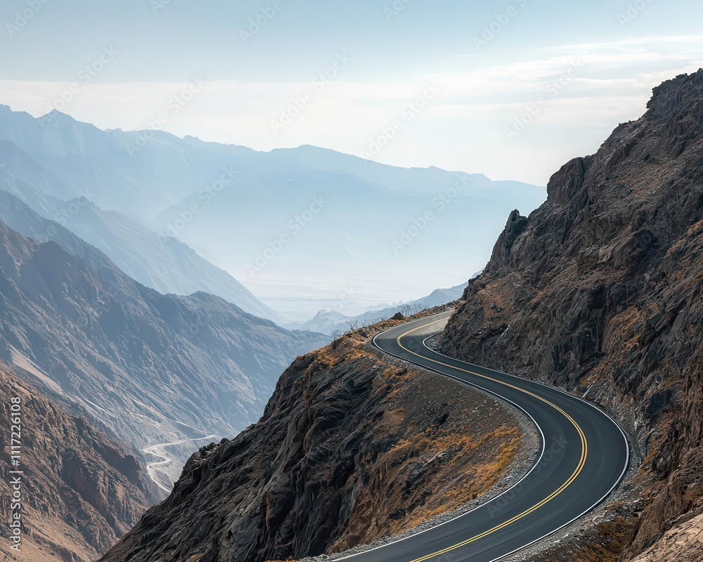 Aerial view of a highway curving through rugged mountains with deep valleys below, Mountain highway aerial, Dramatic, scenic, expansive Aerial view of a highway curving through rugged mountains with deep valleys below, Mountain highway aerial, Dramatic, scenic, expansive