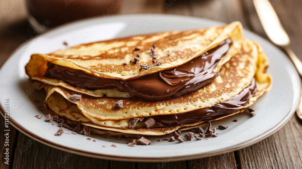 Delicious Crepes with Rich Chocolate Filling on a Rustic Plate. Savor the indulgence of freshly made crepes generously filled with smooth chocolate spread, elegantly served on a rustic wooden table. Delicious Crepes with Rich Chocolate Filling on a Rustic Plate. Savor the indulgence of freshly made crepes generously filled with smooth chocolate spread, elegantly served on a rustic wooden table.