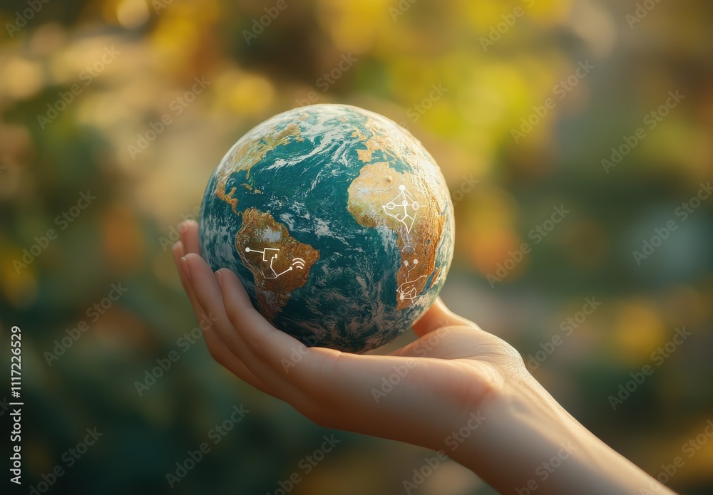 Hand Holding a Globe Surrounded by Nature, Symbolizing Environmental Awareness, Sustainability, and Global Responsibility in a Serene Setting Hand Holding a Globe Surrounded by Nature, Symbolizing Environmental Awareness, Sustainability, and Global Responsibility in a Serene Setting