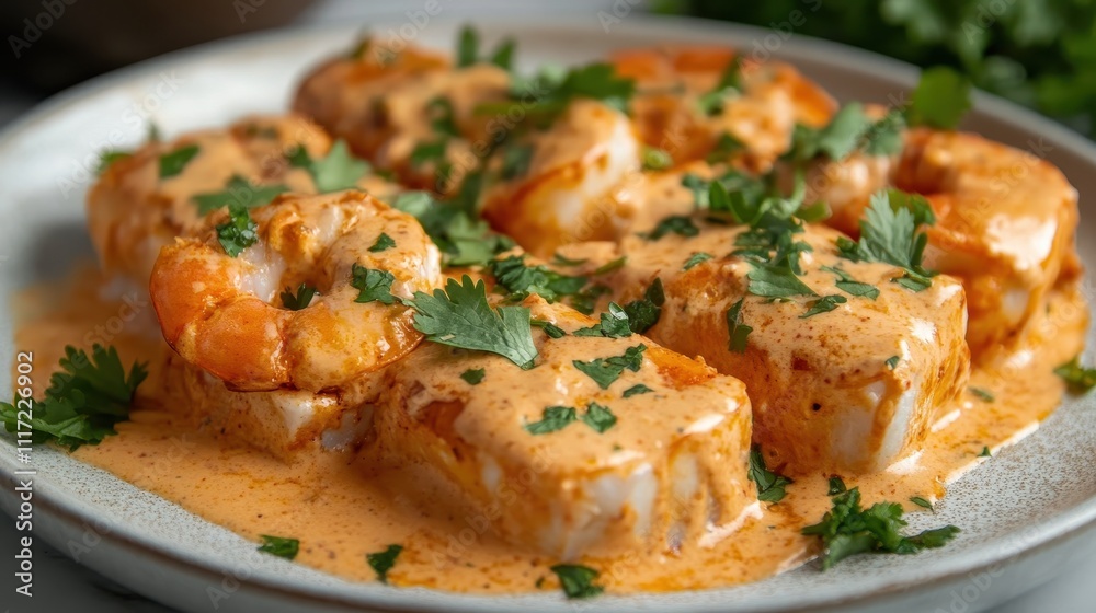 Spicy shrimp and cod in creamy sauce, garnished with cilantro. Perfect for restaurant menus, food blogs, or recipe websites showcasing delicious seafood dishes. Spicy shrimp and cod in creamy sauce, garnished with cilantro. Perfect for restaurant menus, food blogs, or recipe websites showcasing delicious seafood dishes.