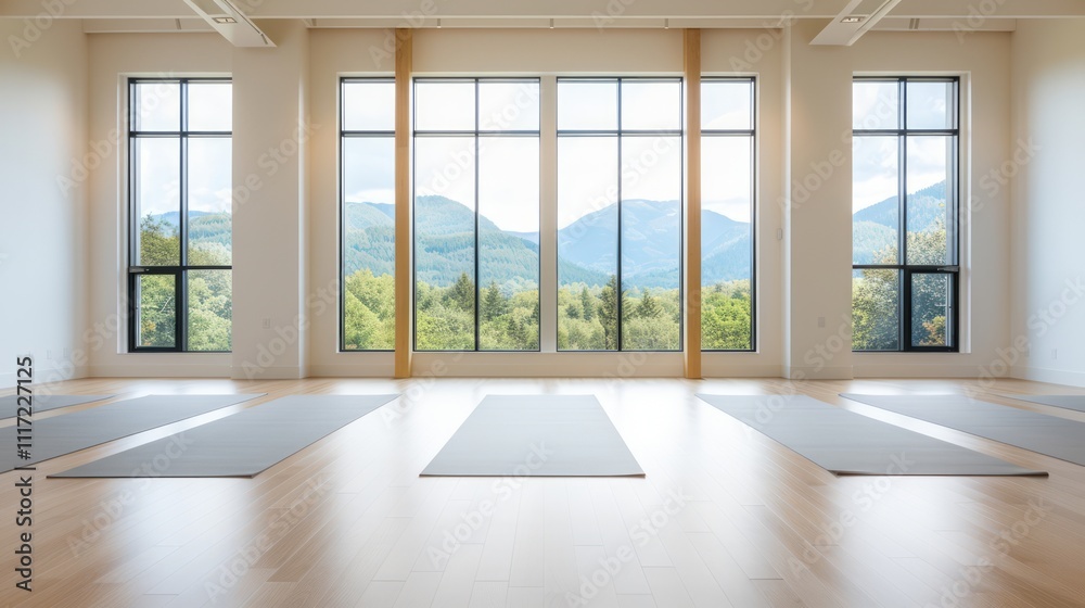 Serene Yoga Studio with Modern Design Overlooking Scenic Mountains Through Large Windows, Ideal for Relaxation and Mindfulness Practice