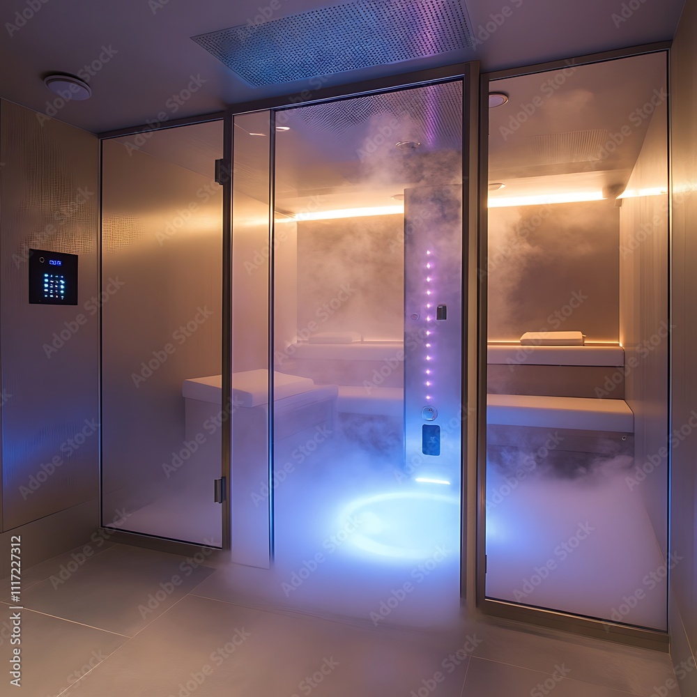 Modern steam room with glass walls, ambient lighting, and integrated controls. Modern steam room with glass walls, ambient lighting, and integrated controls.