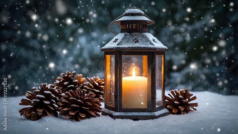 A serene, glowing Christmas lantern surrounded by frosted snowflakes, pine cones, and soft candlelight, creating a peaceful, cozy atmosphere. holiday decor, seasonal celebration. 8k image A serene, glowing Christmas lantern surrounded by frosted snowflakes, pine cones, and soft candlelight, creating a peaceful, cozy atmosphere. holiday decor, seasonal celebration. 8k image