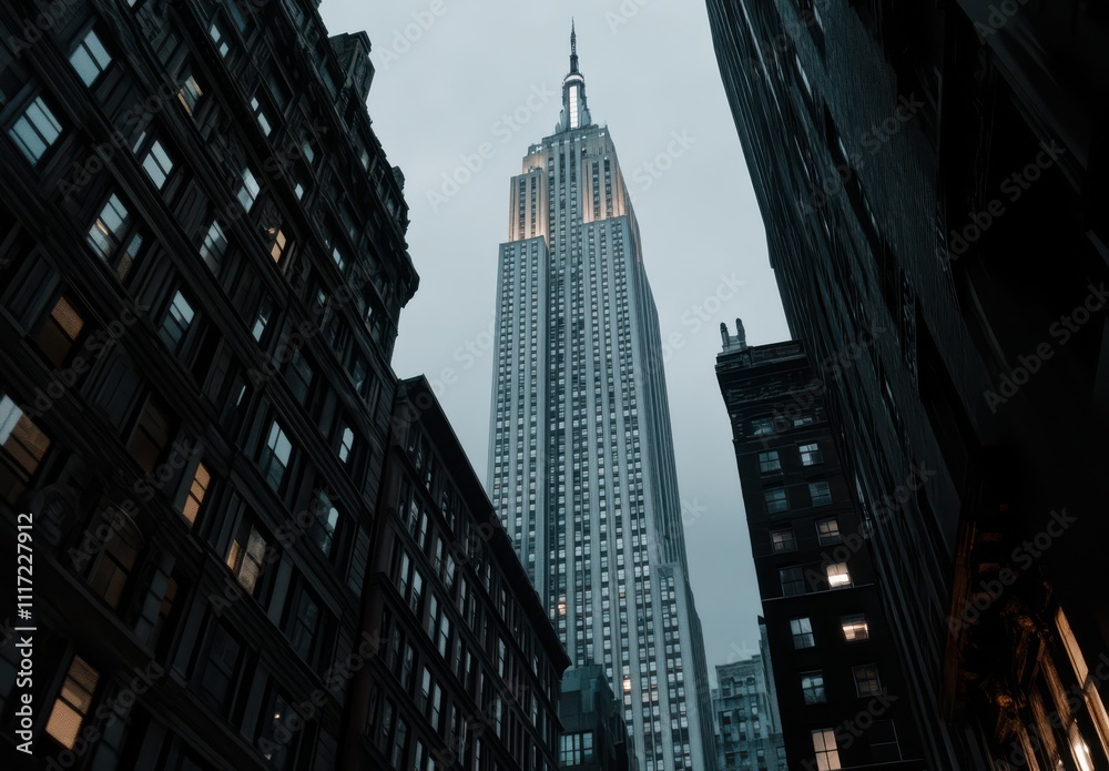 Fototapeta premium Iconic Skyscraper Surrounded by Historic Buildings on a Gloomy Day in a Bustling Urban Environment Reflecting Modern Architecture and City Life