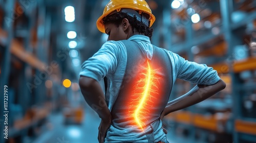 Worker with highlighted spine in a warehouse setting.