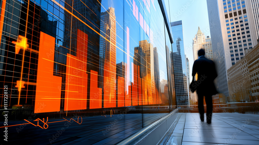 a bar graph with steep financial losses, panoramic view of skyscrapers through a window backdrop, positioned to the right a bar graph with steep financial losses, panoramic view of skyscrapers through a window backdrop, positioned to the right