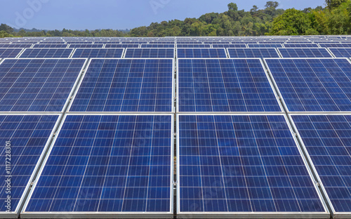Close up rows array of Solar panels or solar cells or photovoltaics in solar power station alternative clean renewable energy efficiency sustainable