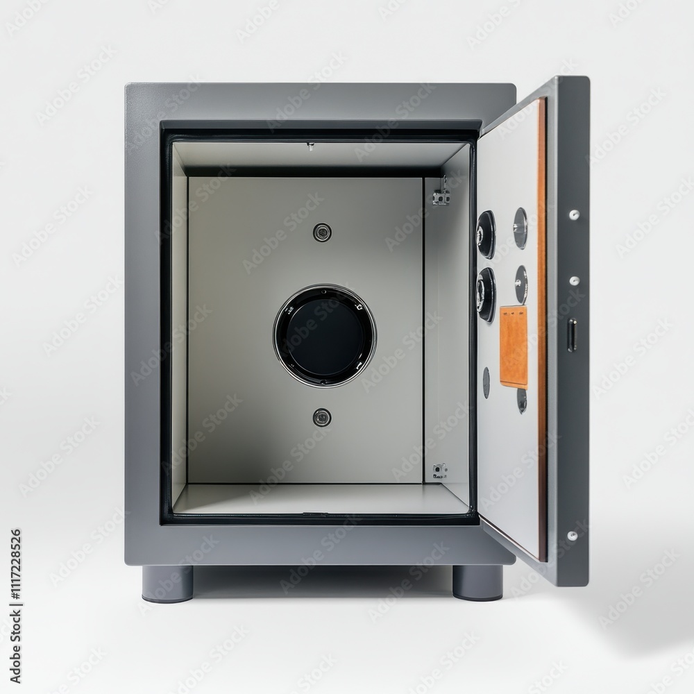 Interior view of an open gray safe showcasing a spacious empty compartment, designed for secure storage of valuables, documents, and important items, with visible locking mechanism. Interior view of an open gray safe showcasing a spacious empty compartment, designed for secure storage of valuables, documents, and important items, with visible locking mechanism.
