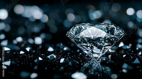 Faceted, clean diamond on black background. Banner. Jewelry workshops and stores. Copy space.