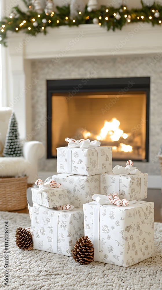 Stacked Christmas presents by fireplace. Stacked Christmas presents by fireplace.