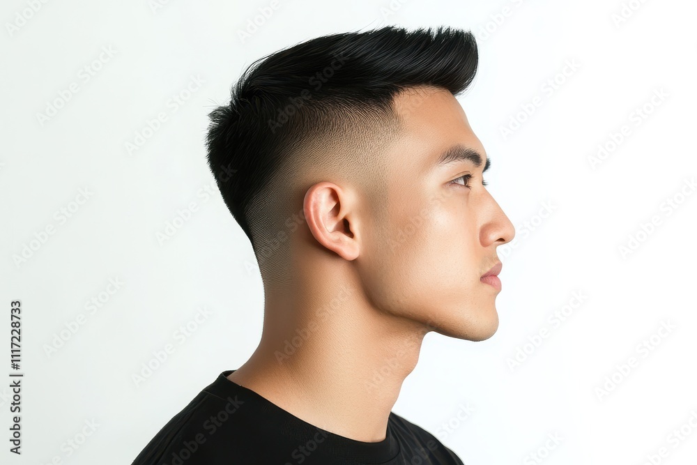 Asian male side profile stylish short haircut undercut black t shirt clean-shaven Asian male side profile stylish short haircut undercut black t shirt clean-shaven