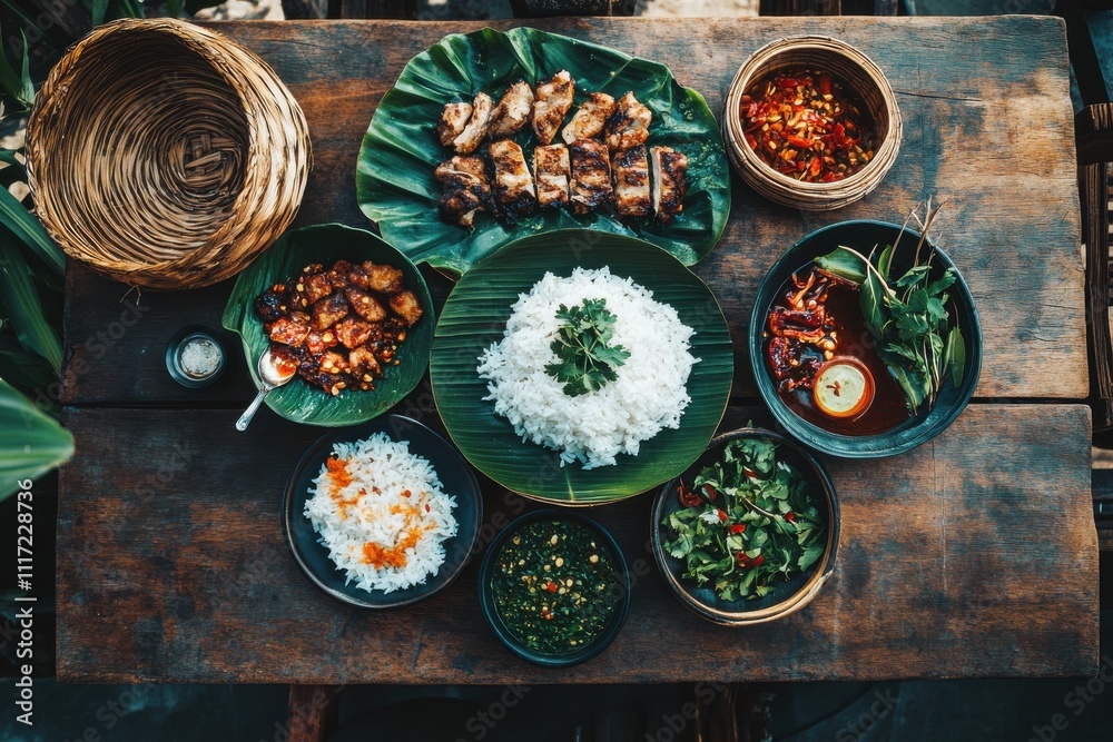 Asian cuisine feast top down view colorful dishes grilled chicken steamed rice Asian cuisine feast top down view colorful dishes grilled chicken steamed rice