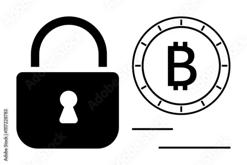 Lock symbol next to a Bitcoin icon in minimalistic black and white design. Ideal for blockchain, cybersecurity, financial technology, digital transactions, data protection, cryptocurrency education