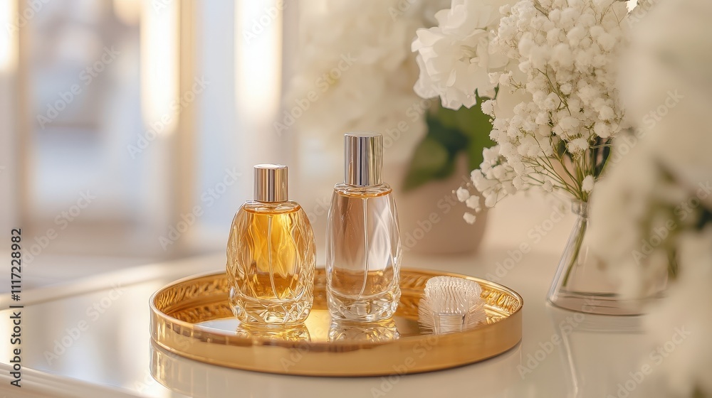 Elegant perfume bottles on a gold tray, placed on a dressing table Elegant perfume bottles on a gold tray, placed on a dressing table