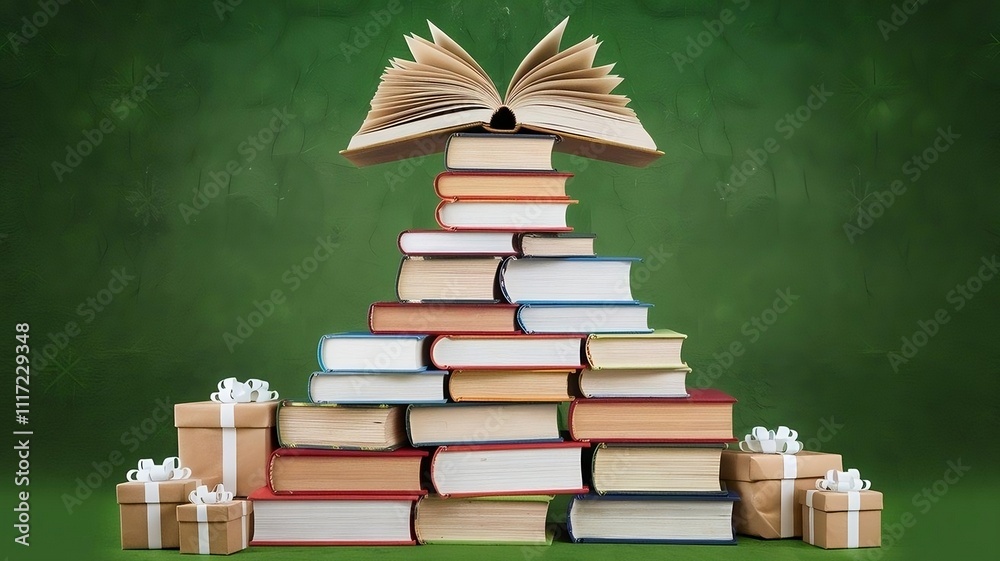 A unique Christmas tree made of stacked books on a green background, celebrating the holiday season and reading day in a creative and literary-inspired way.