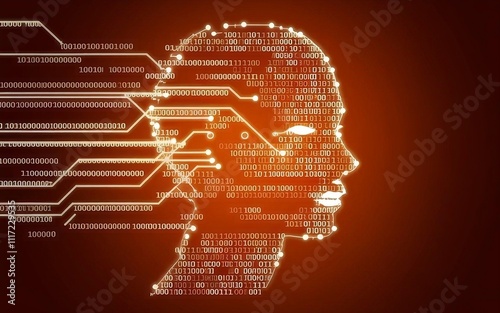 A striking digital silhouette of a human head composed of binary code, illuminated against a vibrant orange background, representing artificial intelligence, data processing