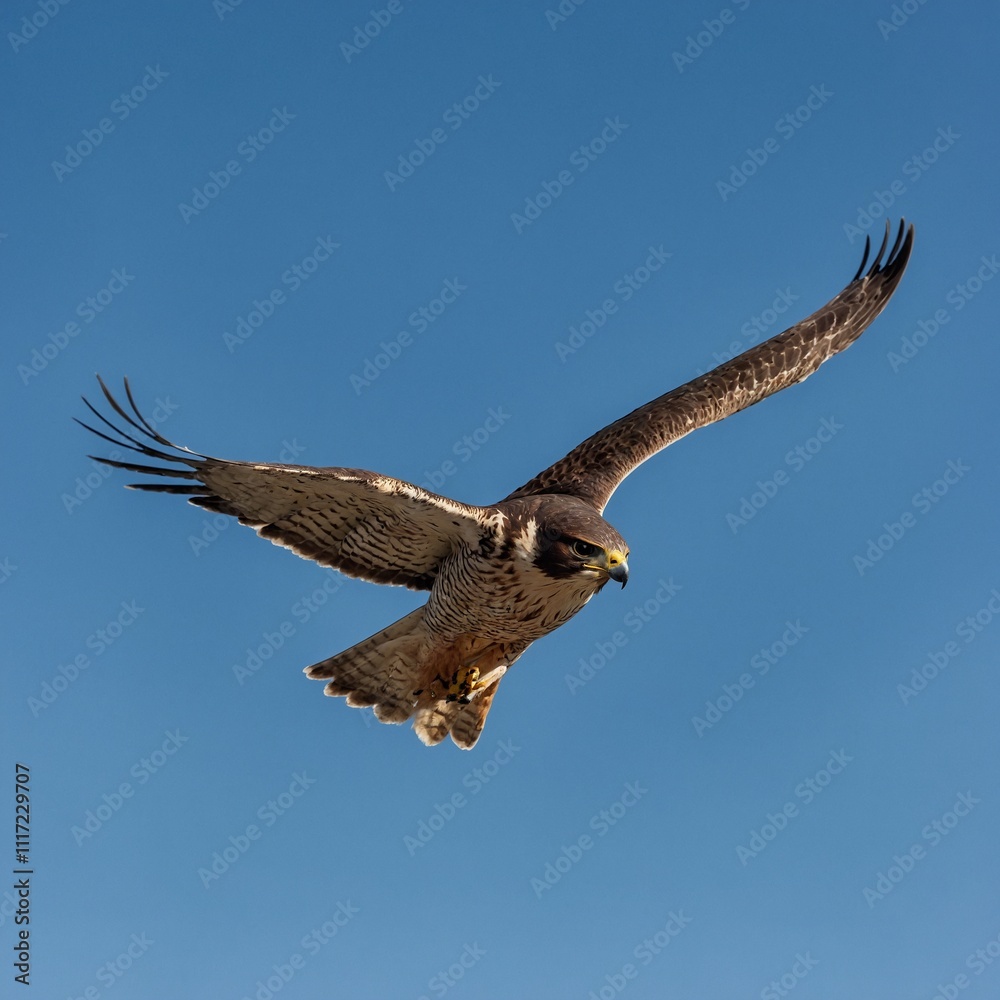 Fototapeta premium A falcon in mid-flight against a crisp blue sky.
