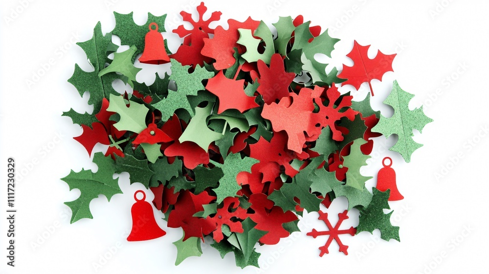 Fototapeta premium A mix of red and green paper flakes with holiday-themed shapes like bells and holly, isolated on a white background