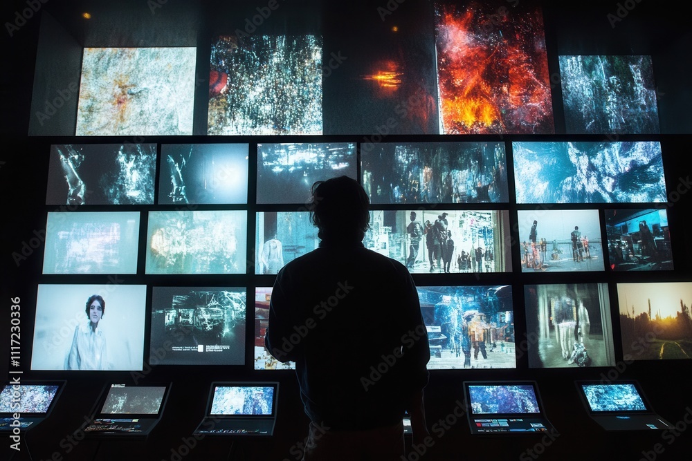Silhouette of a person viewing a large video wall displaying various abstract and cinematic footage. Illustrates concepts of data visualization, surveillance, or media production. Silhouette of a person viewing a large video wall displaying various abstract and cinematic footage. Illustrates concepts of data visualization, surveillance, or media production.