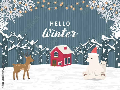 夜の冬の森の風景　可愛いシロクマの親子