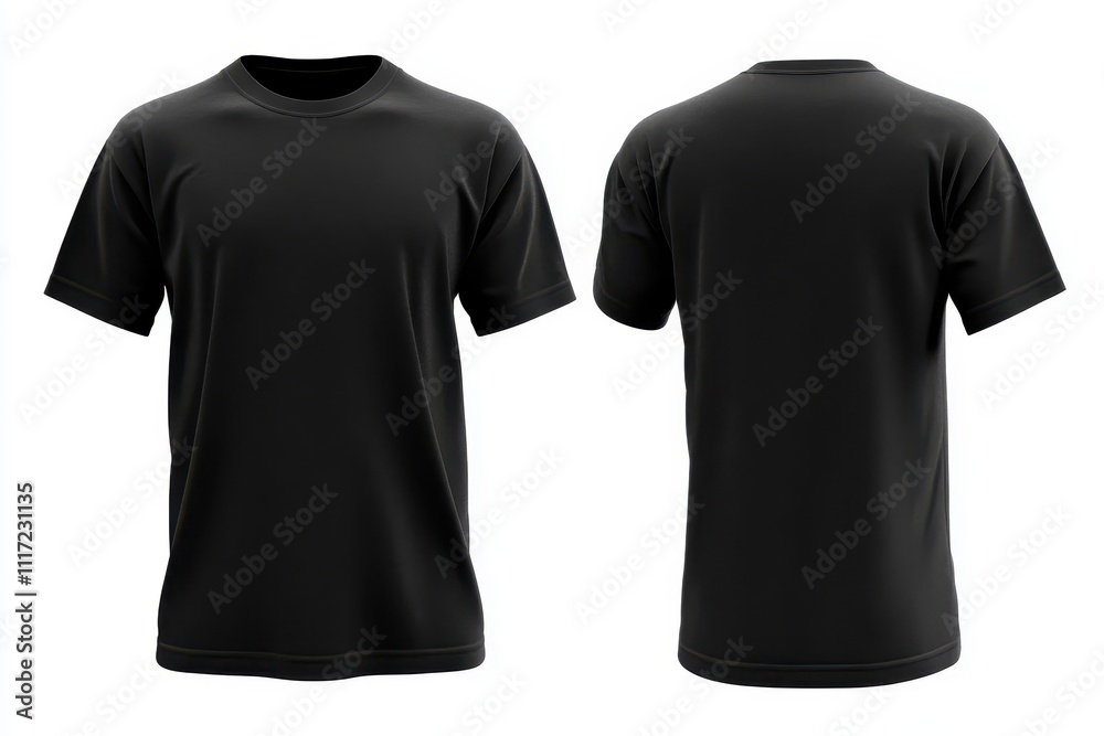 A plain black t-shirt displayed from the front and back views. A plain black t-shirt displayed from the front and back views.