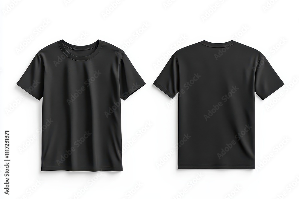 A black t-shirt displayed from the front and back for design or retail purposes. A black t-shirt displayed from the front and back for design or retail purposes.