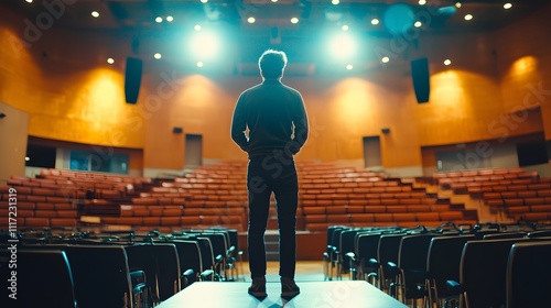 A dynamic shot of a teacher standing on a small stage in the classroom, delivering a motivational speech to inspire the students. photo