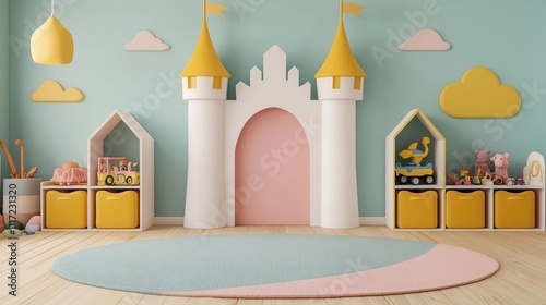 Fairytalethemed playroom with castleshaped storage units, soft rugs, and plush toys, creating a magical atmosphere photo