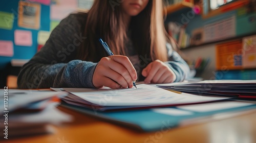 A cinematic view of a teacher seated at their desk, their hands resting on a stack of papers as they explain a grading rubric. photo