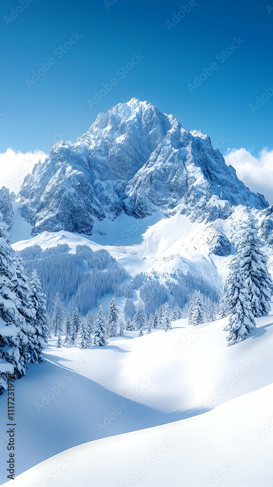 Majestic snow-capped mountain peak with snow-covered pine trees under a clear blue sky. Majestic snow-capped mountain peak with snow-covered pine trees under a clear blue sky.