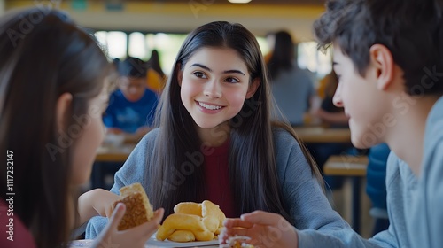 A cinematic shot of students sharing snacks and chatting during lunchtime at the school cafeteria. photo