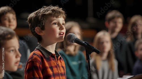 A candid image of students participating in a spelling bee, with one child confidently standing at the microphone.