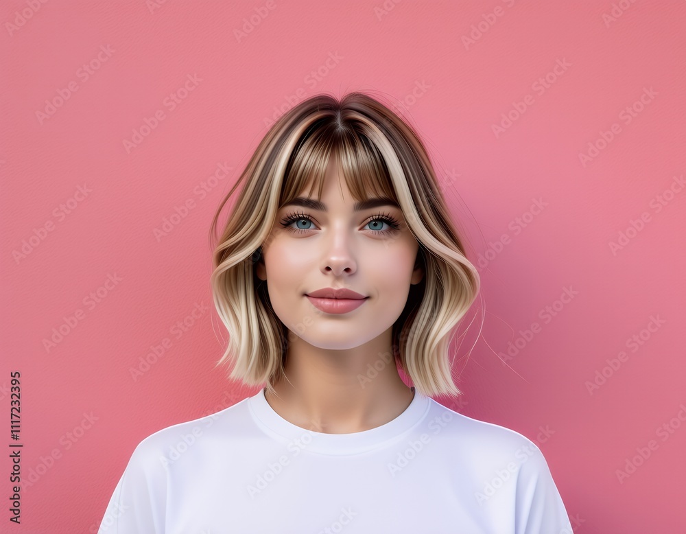 Fototapeta premium Beautiful Woman Blonde Bob Haircut Pink Background Fashion Portrait