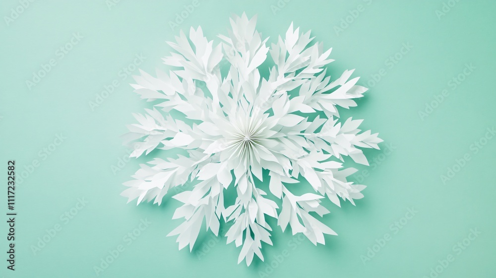 Fototapeta premium Intricate white paper flakes arranged in a symmetrical pattern, isolated on a soft mint green background