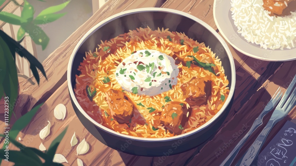 Delicious Chicken Biryani Aromatic Indian Cuisine Rice Dish Spicy Food Overhead Shot Delicious Chicken Biryani Aromatic Indian Cuisine Rice Dish Spicy Food Overhead Shot