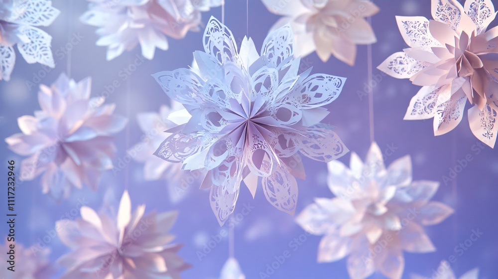 Large paper flakes with intricate floral patterns, suspended in descending size order against a soft lavender background