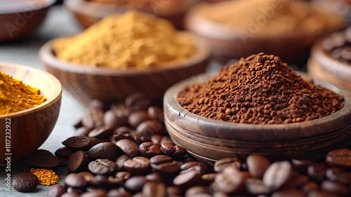 Delicious spices and coffee beans in wooden bowls