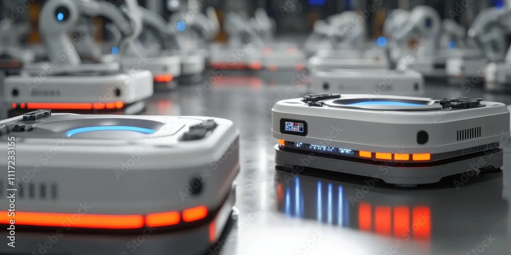 Naklejka premium Automated Assembly Line Smart Robots Sensors in Factory
