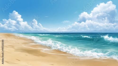 Serene beach scene with blue ocean waves gently lapping a sandy shore under a bright, summer sky. Perfect for travel, vacation, or summer-themed projects needing a tranquil beach backdrop.