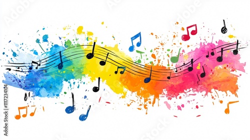 A bright, childlike drawing of a rainbow with music notes arching through the sky, isolated on a white background