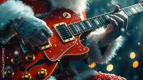 A Festive Holiday Scene Featuring Santa Claus Playing a Red Electric Guitar Surrounded by Snowflakes