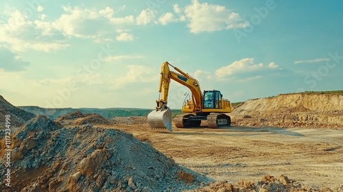 A large construction excavator of yellow color on construction site in quarry for quarrying. Industrial image.