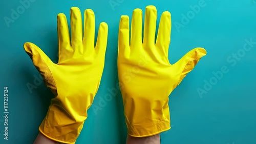 Yellow rubber gloves in a cleaning gesture against turquoise backdrop
